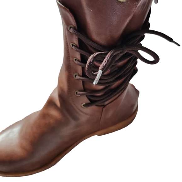 Women Brown Tan Leather Strappy Tie Back Zipper Studded Winter Boot/CN 38/US 7 - Picture 2 of 16